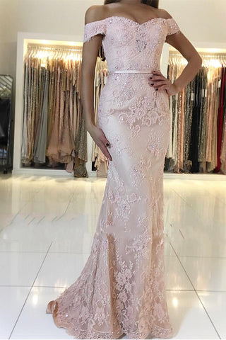Vestido de fiesta largo de sirena con hombros descubiertos, espalda descubierta y apliques de encaje