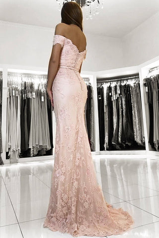 Vestido de fiesta largo de sirena con hombros descubiertos, espalda descubierta y apliques de encaje