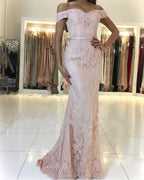 Long Mermaid Off-the-shoulder Backless Appliques Lace Prom Dress by BIZTUNNEL