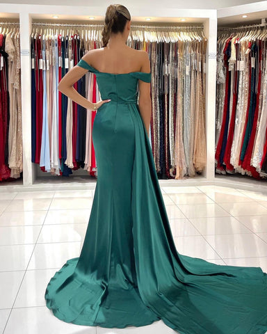 Vestido de fiesta largo de sirena con hombros descubiertos, espalda descubierta, abertura frontal y cola lateral