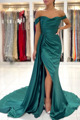 Vestido de fiesta largo de sirena con hombros descubiertos, espalda descubierta, abertura frontal y cola lateral