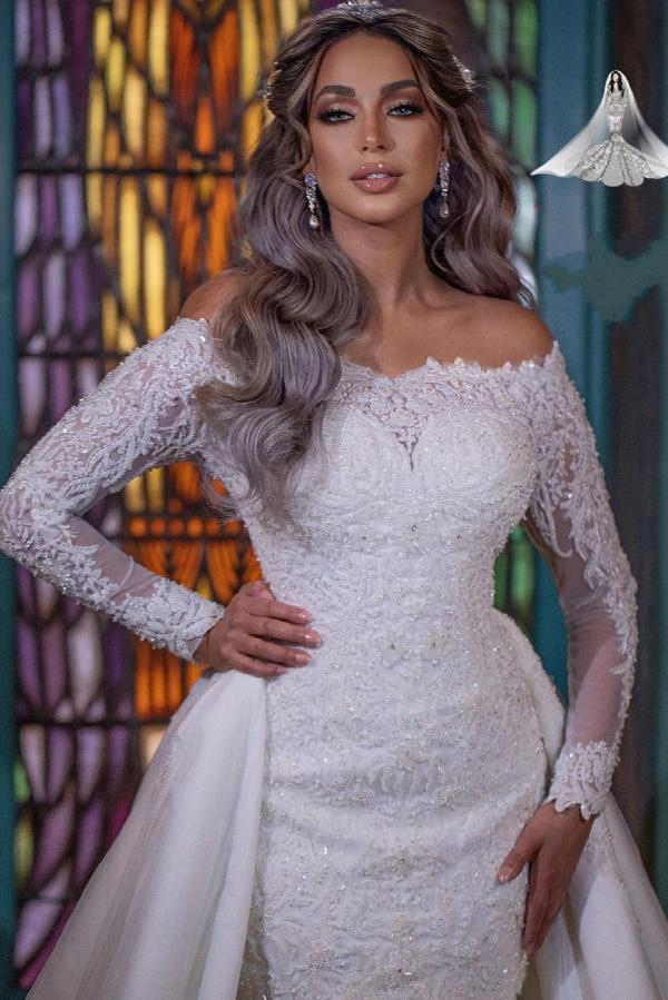 Long Mermaid Off-the-Shoulder Detachable Wedding Dresses With Sleeves by BIZTUNNEL