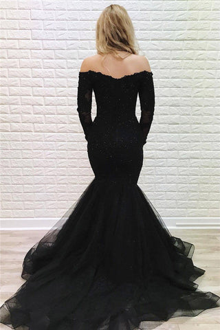 Vestido de fiesta formal de encaje con hombros descubiertos y mangas, corte sirena largo