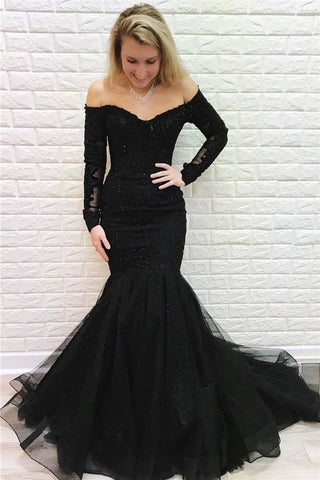 Vestido de fiesta formal de encaje con hombros descubiertos y mangas, corte sirena largo