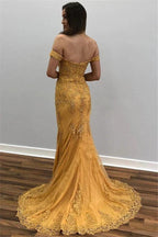 Long Mermaid Off-the-shoulder Lace Gold Prom Dress by BIZTUNNEL