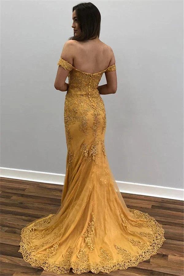 Long Mermaid Off-the-shoulder Lace Gold Prom Dress by BIZTUNNEL