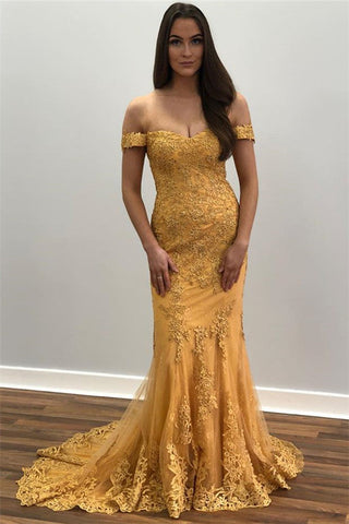 Vestido de fiesta largo de sirena con hombros descubiertos y encaje dorado