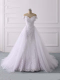 Long Mermaid Off-the-Shoulder Lace Tulle White Wedding Dresses by BIZTUNNEL