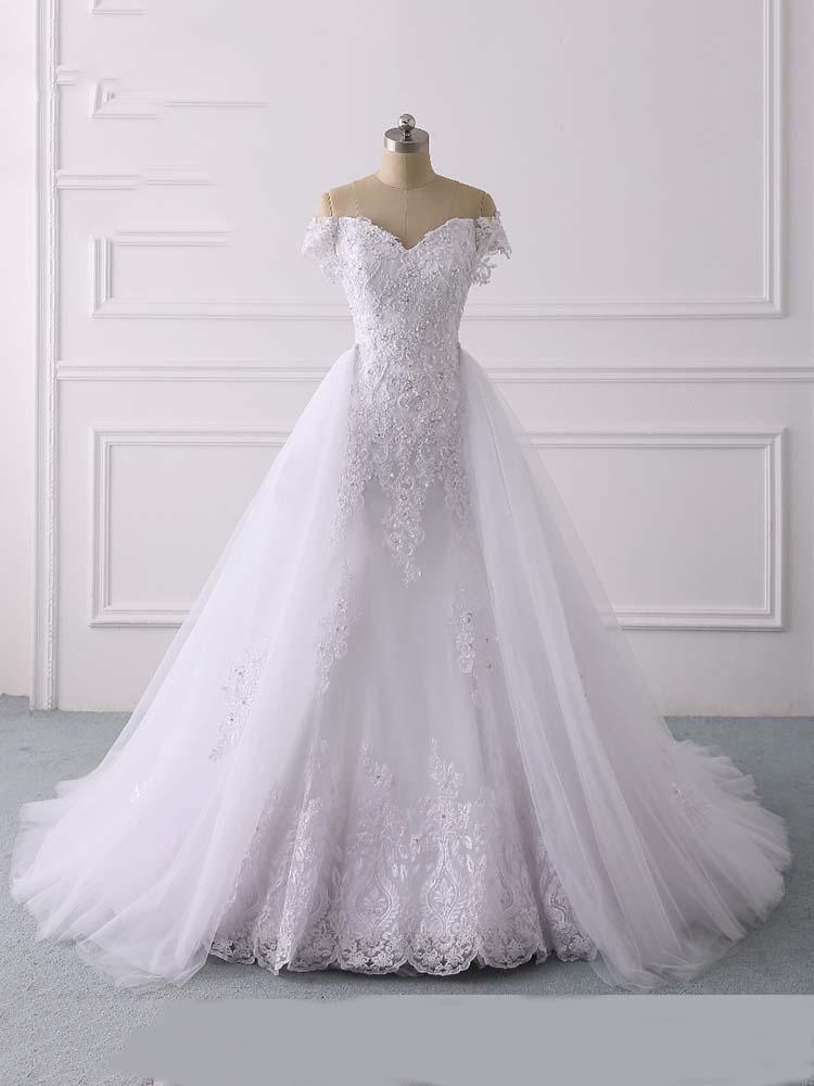 Long Mermaid Off-the-Shoulder Lace Tulle White Wedding Dresses by BIZTUNNEL