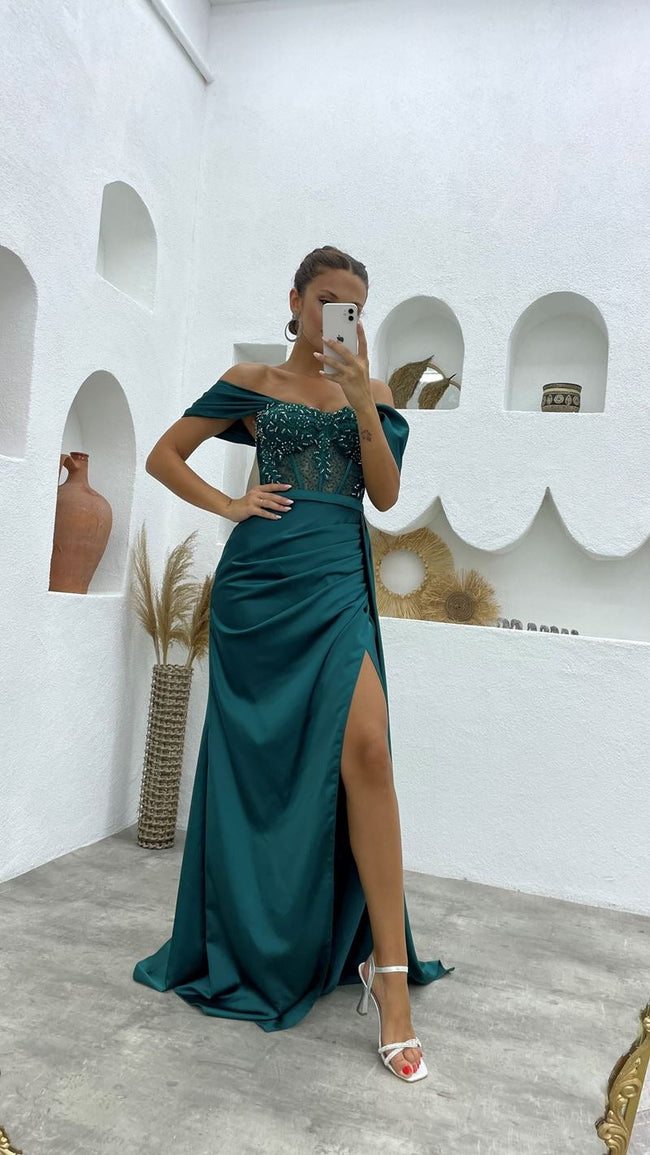 Long Mermaid Off the shoulder Satin Beading Formal Prom Dresses with Slit Main Image
