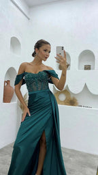 Long Mermaid Off the shoulder Satin Beading Formal Prom Dresses with Slit by BIZTUNNEL