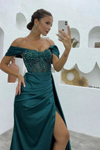 Long Mermaid Off the shoulder Satin Beading Formal Prom Dresses with Slit by BIZTUNNEL
