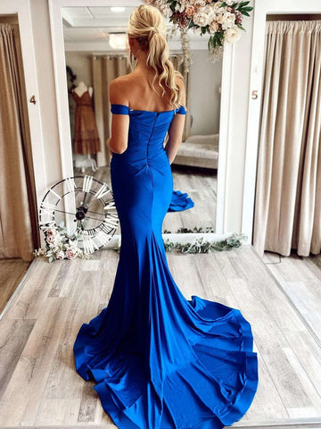 Long Mermaid off the shoulder Satin Prom Dress Royal Blue Formal Evening Dresses