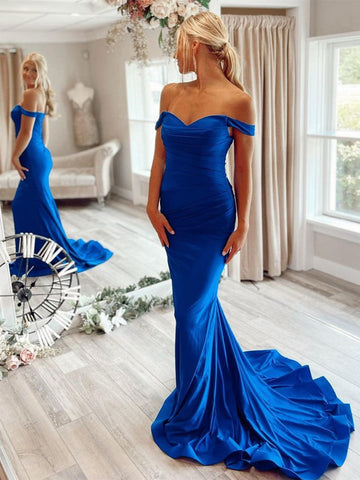 Long Mermaid off the shoulder Satin Prom Dress Royal Blue Formal Evening Dresses