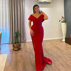 Long Mermaid Off the Shoulder Satin Red Formal Prom Dresses with Slit by BIZTUNNEL