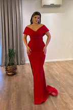 Long Mermaid Off the Shoulder Satin Red Formal Prom Dresses with Slit by BIZTUNNEL