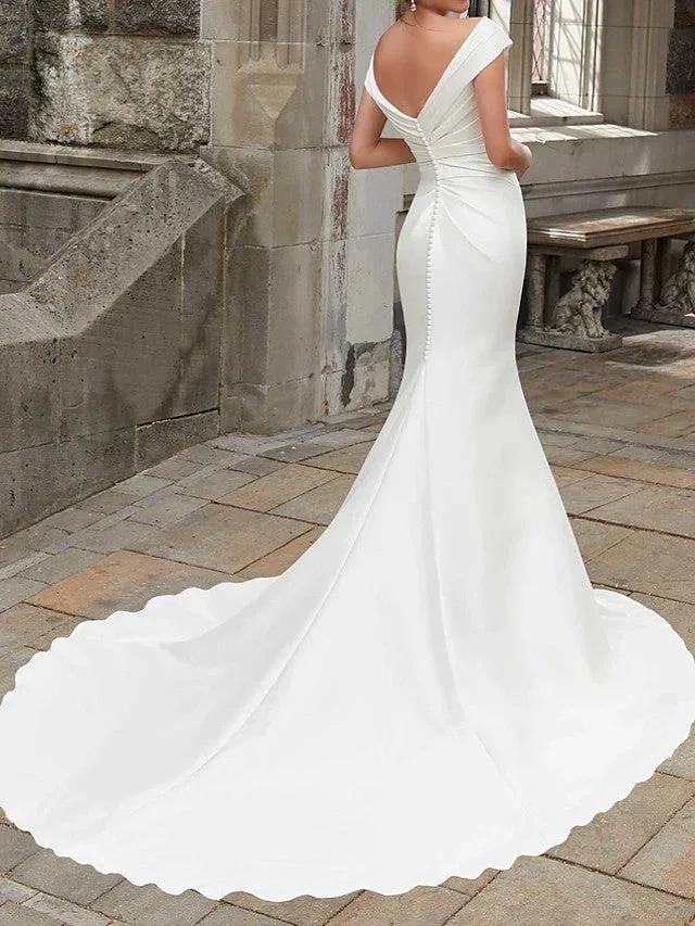 Long Mermaid Off the Shoulder Satin Wedding Dresses by BIZTUNNEL