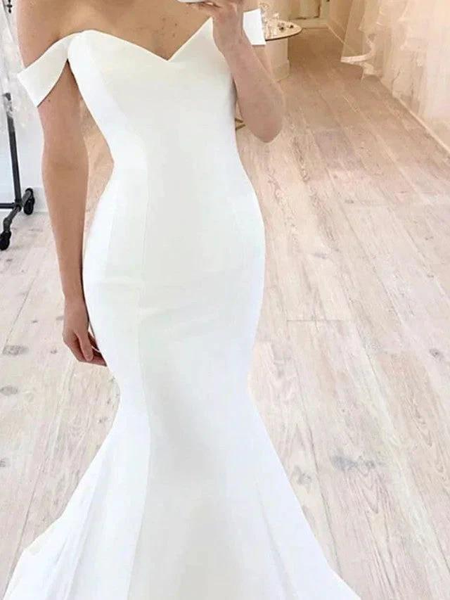 Long Mermaid Off the Shoulder Satin Wedding Dresses by BIZTUNNEL