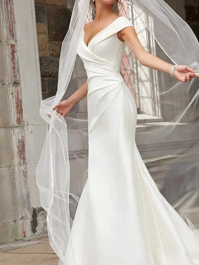 Long Mermaid Off the Shoulder Satin Wedding Dresses by BIZTUNNEL