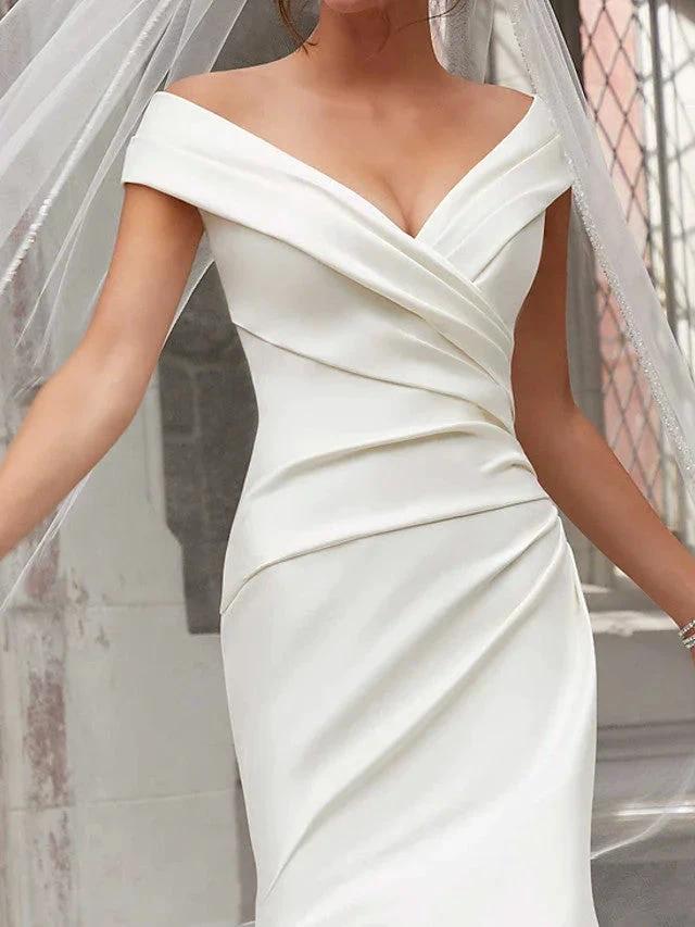 Long Mermaid Off the Shoulder Satin Wedding Dresses by BIZTUNNEL