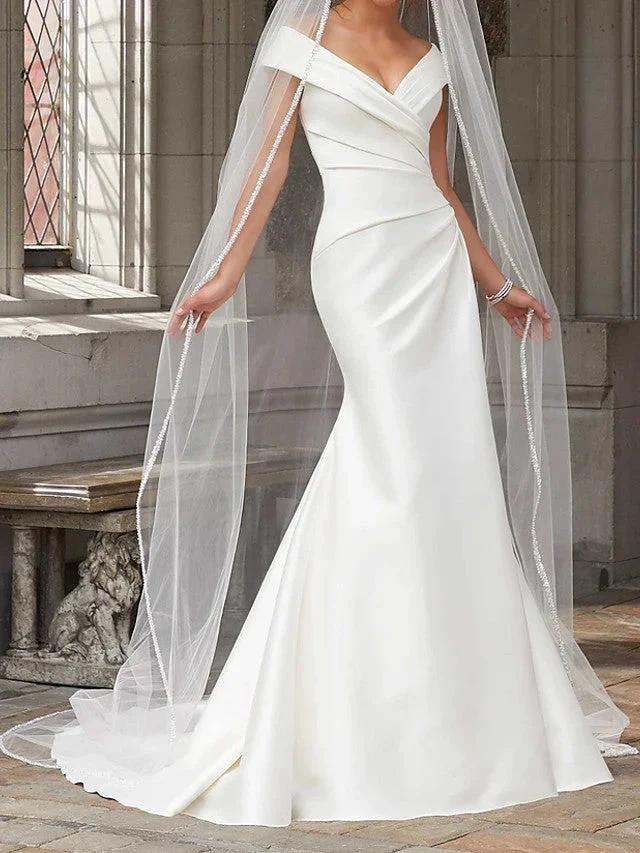 Long Mermaid Off the Shoulder Satin Wedding Dresses by BIZTUNNEL
