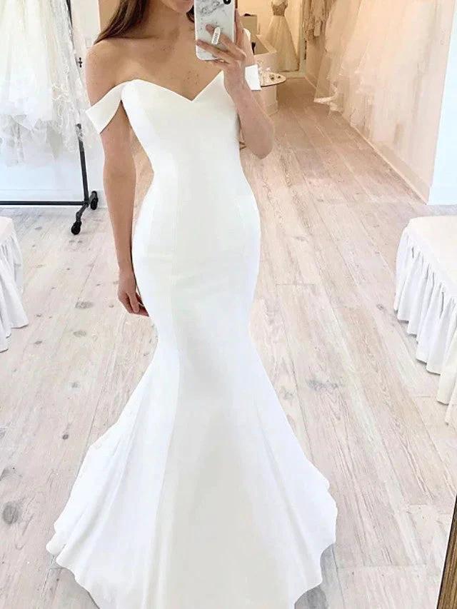 Long Mermaid Off the Shoulder Satin Wedding Dresses by BIZTUNNEL