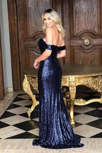 Long Mermaid Off the Shoulder Sequined Prom Dresses with Slit by BIZTUNNEL