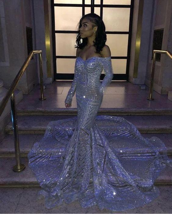 Long Mermaid Off the shoulder Sequins Prom Dresses with Sleeves by BIZTUNNEL