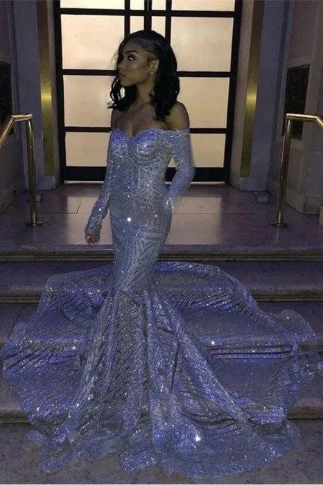 Long Mermaid Off the shoulder Sequins Prom Dresses with Sleeves by BIZTUNNEL