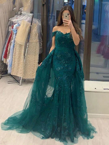 Vestidos de fiesta formales de graduación con encaje de tul y hombros descubiertos de sirena larga