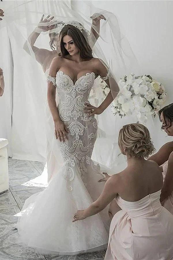 Vestidos de Noiva Longos com Renda de Tule e Ombros Descobertos em Estilo Sereia