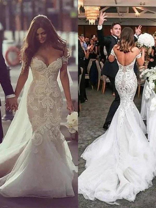 Vestidos de Noiva Longos com Renda de Tule e Ombros Descobertos em Estilo Sereia