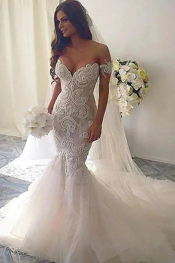 Vestidos de Noiva Longos com Renda de Tule e Ombros Descobertos em Estilo Sereia