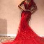 Long Mermaid One Shoulder Appliques Lace Tulle Red Prom Dress by BIZTUNNEL