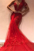 Long Mermaid One Shoulder Appliques Lace Tulle Red Prom Dress by BIZTUNNEL