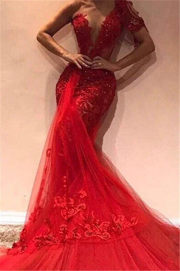 Long Mermaid One Shoulder Appliques Lace Tulle Red Prom Dress by BIZTUNNEL