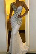 Long Mermaid One Shoulder Appliques Sequined Backless Formal Evening Dresses by BIZTUNNEL