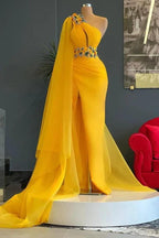 Long Mermaid One Shoulder Beading Tulle Prom Dress with Slit by BIZTUNNEL