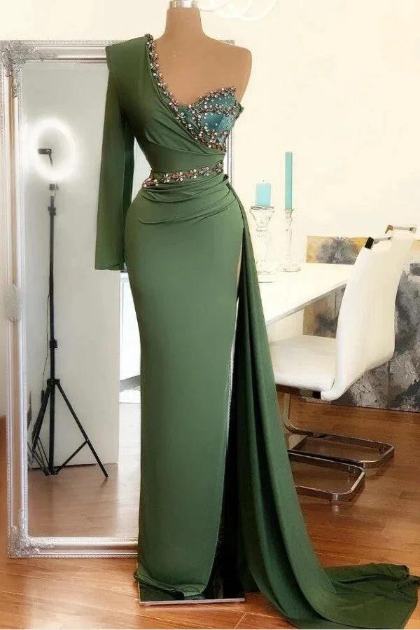Long Mermaid One Shoulder Front Slit Prom Dress With Sleeves by BIZTUNNEL