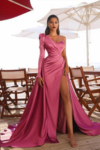 Long Mermaid One Shoulder Front Slit Prom Dresses with Sleeves by BIZTUNNEL