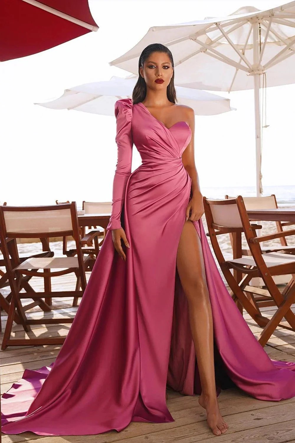 Long Mermaid One Shoulder Front Slit Prom Dresses with Sleeves by BIZTUNNEL