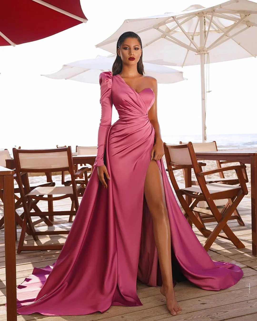 Long Mermaid One Shoulder Front Slit Prom Dresses with Sleeves by BIZTUNNEL