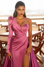 Long Mermaid One Shoulder Front Slit Prom Dresses with Sleeves by BIZTUNNEL