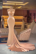Long Mermaid One Shoulder Keyhole Crystal Prom Dress With Side Train by BIZTUNNEL