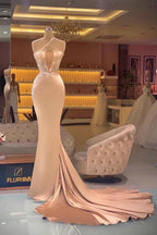 Long Mermaid One Shoulder Keyhole Crystal Prom Dress With Side Train by BIZTUNNEL