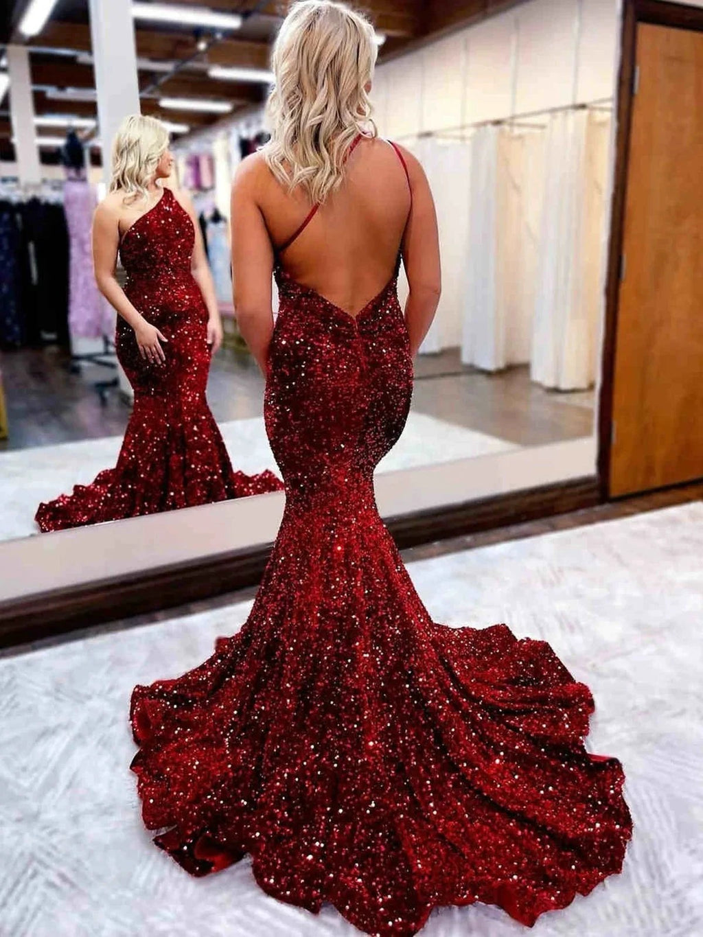 Long Mermaid One Shoulder Open Back Sequins Prom Dress Burgundy Formal Evening Gowns by BIZTUNNEL