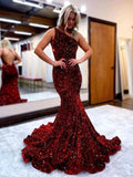 Long Mermaid One Shoulder Open Back Sequins Prom Dress Burgundy Formal Evening Gowns by BIZTUNNEL
