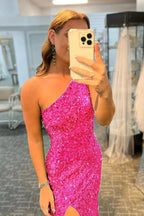 Long Mermaid One Shoulder Sequined Formal Prom Dress with Slit Fuchsia Evening Gowns by BIZTUNNEL