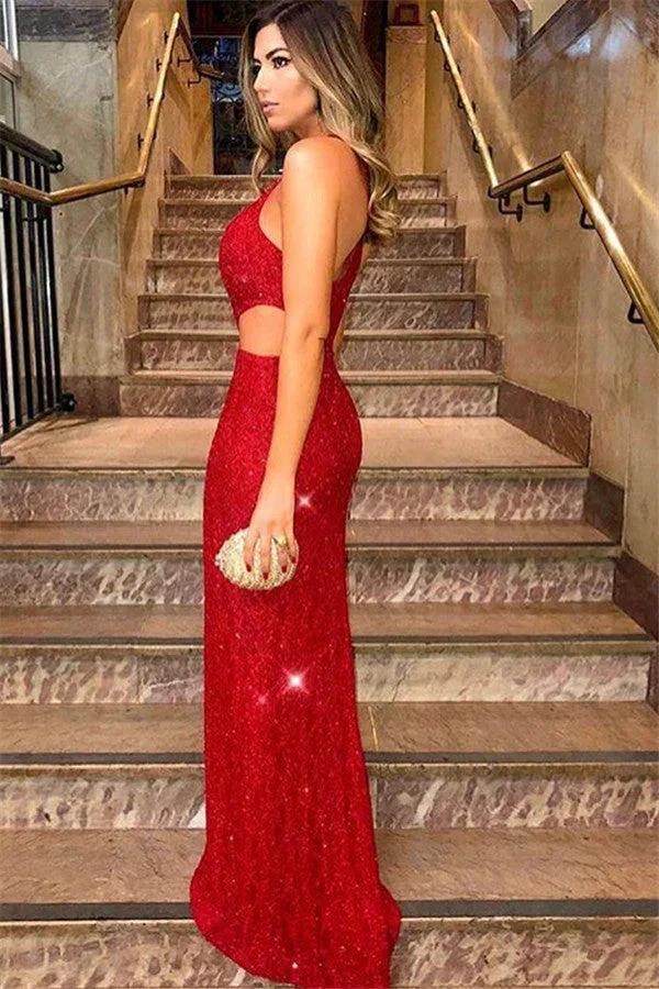 Long Mermaid One Shoulder Sequined Red Prom Dress with Slit by BIZTUNNEL