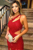 Long Mermaid One Shoulder Sequined Red Prom Dress with Slit by BIZTUNNEL